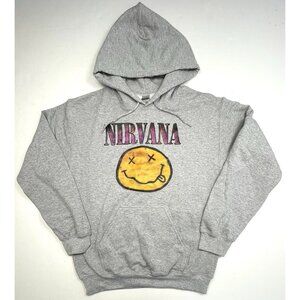 NIRVANA Adult SMALL Gray Graphic Print HOODIE Sweatshirt Smiley Face Gildan EUC